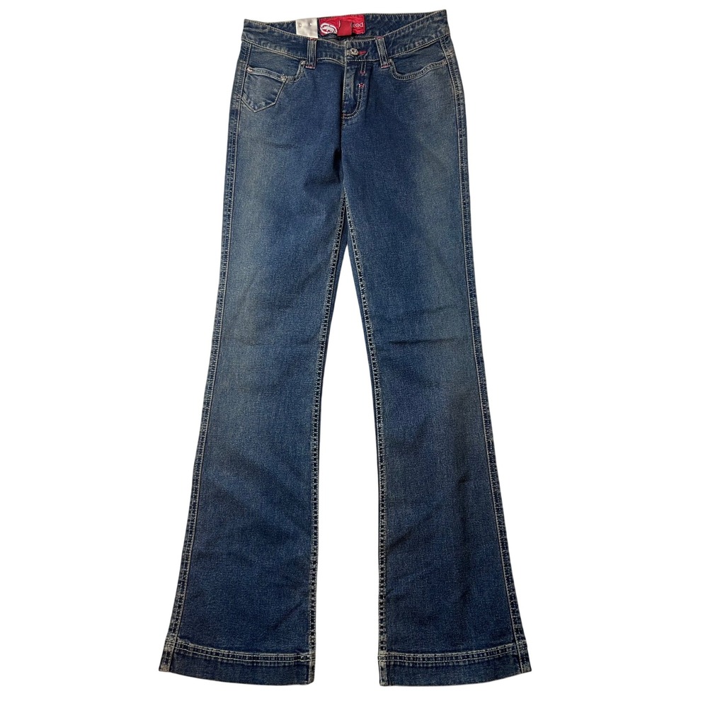 VTG Ecko Red Womens Flared Denim Jeans Blue Medium Wash Red Stitch Size 7 NWT